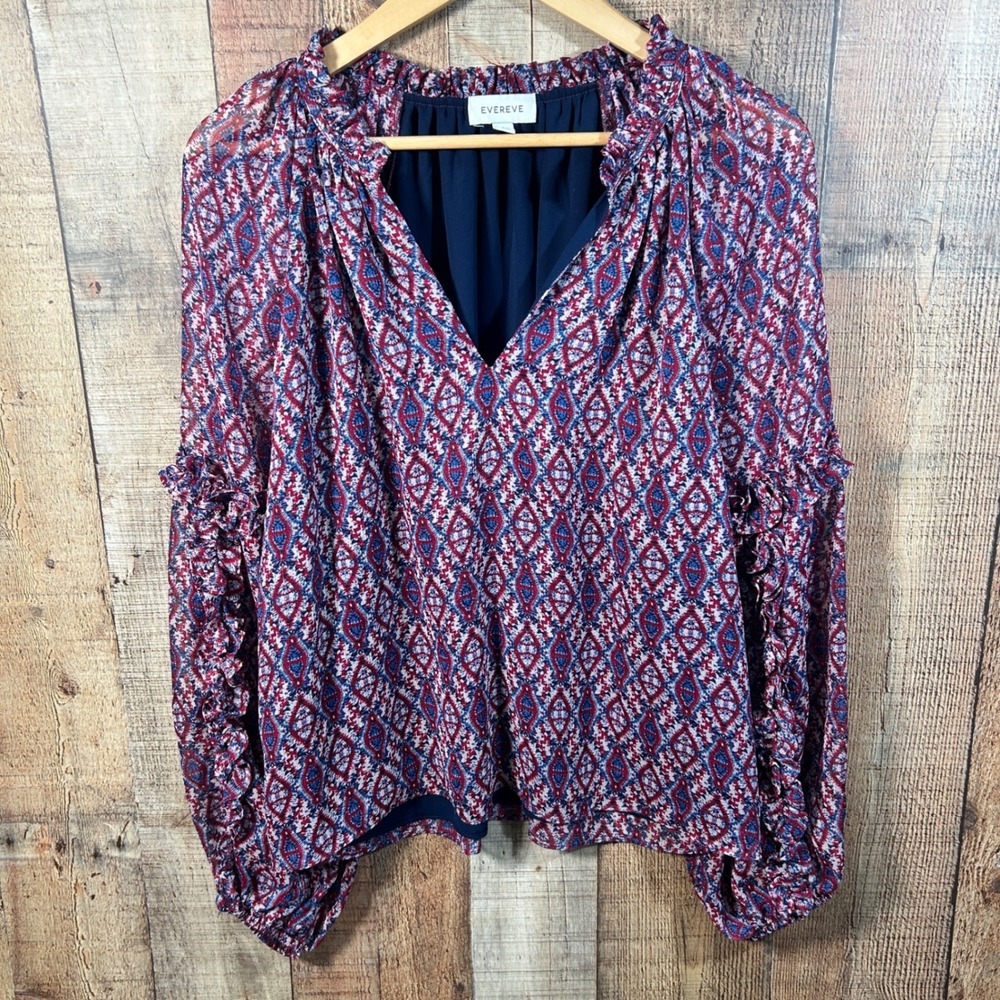 EVEREVE Navy Burgundy Gold Shimmer Sheer Ruffle Balloon Sleeve Blouse Size Large